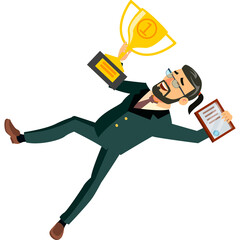 Triumphant Businessman in a Green Suit Falling Backwards While Holding a Golden Trophy and a Certificate with a Blue Ribbon Against a White Background