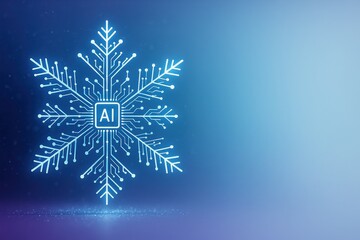 Digital AI snowflake with glowing circuit design on soft winter gradient background, minimal futuristic concept with microchip core and space for text, modern holiday tech visual