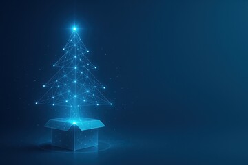 Futuristic holographic Christmas tree made of glowing data lines and dots floating above platform, minimal gradient background with space for text, modern AI holiday concept