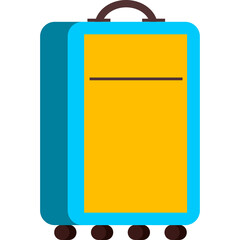 Turquoise blue and bright yellow suitcase with wheels and handle on a transparent background for travel and vacation themes