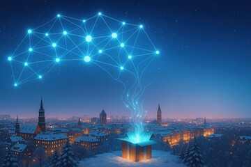 Winter city skyline at night with glowing neural network in the sky, futuristic AI data concept with snowy buildings and gradient background, space for text, smart city theme