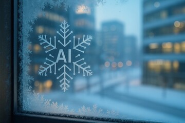 Frosted window with AI snowflake symbol perfect for tech winter branding digital identity visuals and innovation-themed seasonal campaigns