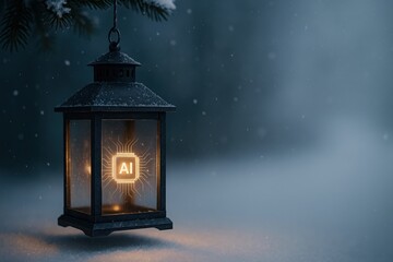 Vintage lantern hanging on snowy branch with glowing AI chip inside instead of candle, winter gradient background with space for text, futuristic holiday technology concept