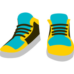 Turquoise And Yellow High Top Sneakers With White Soles And Black Laces On Transparent Background