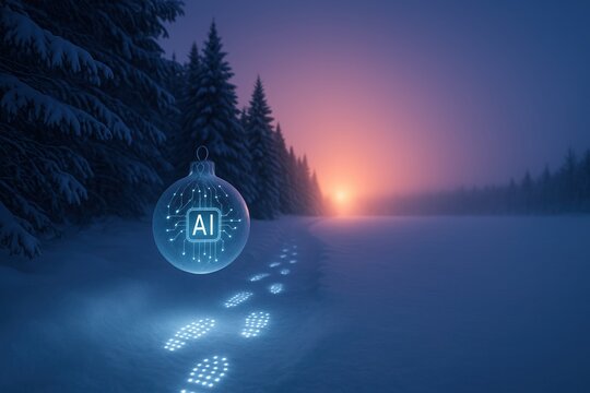 Glowing digital footprints in snow leading to warm light in winter forest, futuristic AI path concept with gradient sky and space for text, minimal holiday technology scene