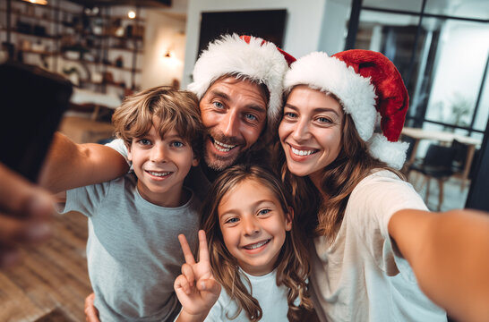 Retrato familiar navide&ntilde;o que evoca alegr&iacute;a compartida, conexi&oacute;n emocional y celebraci&oacute;n espont&aacute;nea en entorno moderno.Cuatro personas con gorros de Santa toman selfie en sof&aacute; frente a cocina.