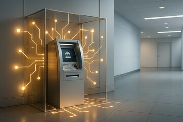 Futuristic ATM with glowing golden AI circuit lines in a modern bank interior clean and realistic fintech concept with copy space innovation in banking technology