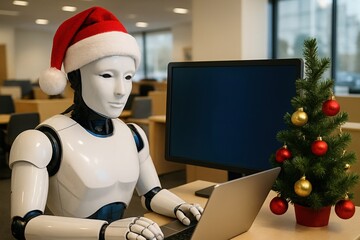 Humanoid robot in Santa hat working on laptop in office used for futuristic business holiday campaigns and AI-driven seasonal branding