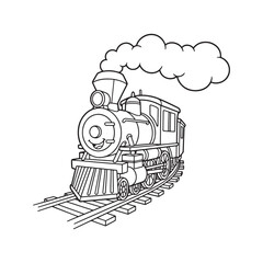 Vintage train line art illustration. Black and white cartoon locomotive on railroad tracks, sketch for coloring book. Hand-drawn steam engine vector.  © Journey