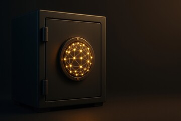 AI neural lock integrated in a realistic safe on dark background glowing golden nodes forming a network security symbol modern fintech protection concept with copy space