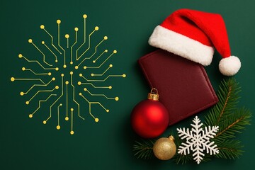 Golden neural network diagram on dark green background next to wallet with Santa hat and Christmas ornaments fintech AI concept for holiday marketing visuals