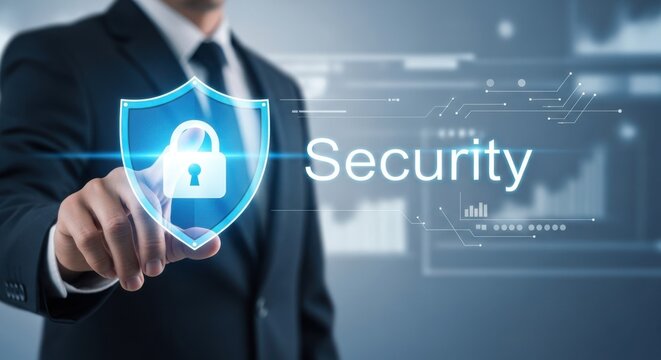 Digital Security System: Businessman Touching Glowing Shield Icon with Padlock and Text for Corporate Protection and Cyber Defense