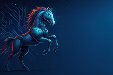 Futuristic robotic horse with glowing orange lines on digital blue background and space for text, AI and technology concept for 2026 business and innovation visuals