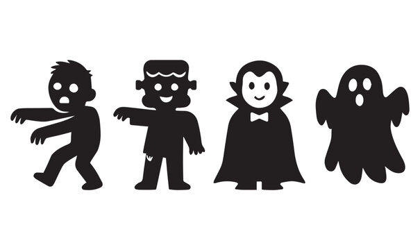 Halloween Silhouette Characters &ndash; Zombie, Frankenstein, Vampire, Ghost in Cartoon Style