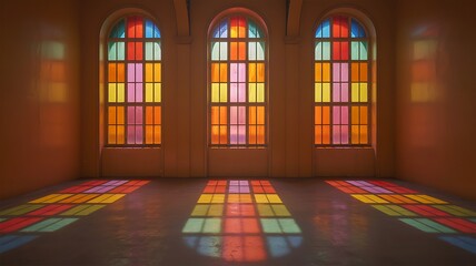 Vibrant Stained Glass Windows Cast Colorful Light Patterns on Walls and Floor