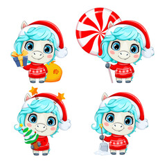 Merry Christmas. New Year 2026. Cute cartoon horse in a red sweater