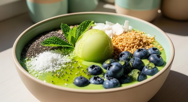 Vibrant Healthy Smoothie Bowl Rich In Superfoods With Natural Ingredients - Powered by Adobe