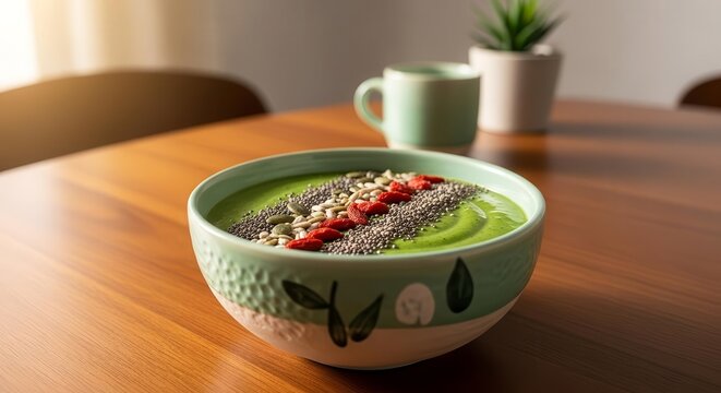 Vibrant Healthy Smoothie Bowl With Superfoods Artistically Presented on Wooden Table