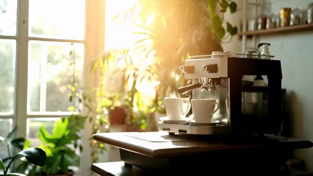 coffee shop interior with sunlight streaming in through window and potted plants.