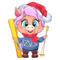 A cute cartoon horse character in a blue sweater holds skis