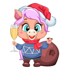 A cute cartoon horse character in a blue sweater holds a glass of champagne
