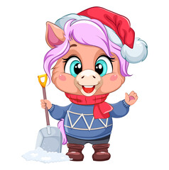 Cute cartoon horse character in a blue sweater with a snow shovel