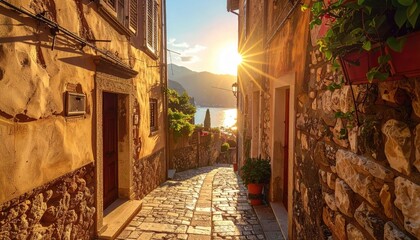 Old European Cobblestone Street Lined With Stone Buildings Leading To A Sparkling Ocean At Golden Hour With Lush Greenery And A Bright Starburst Sun Effect