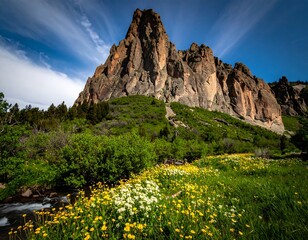 Rugged mountain peak overlooking a meadow of wildflowers