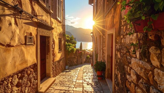 Old European Cobblestone Street Lined With Stone Buildings Leading To A Sparkling Ocean At Golden Hour With Lush Greenery And A Bright Starburst Sun Effect - Powered by Adobe