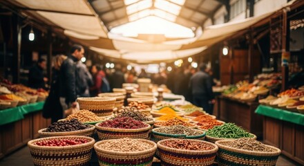 Vibrant Marketplace Bustling with Colorful Spices and Dried Goods