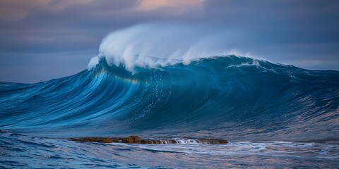 Majestic Ocean Wave Crashing with Spray and Rainbow Hues Under a Moody Sky