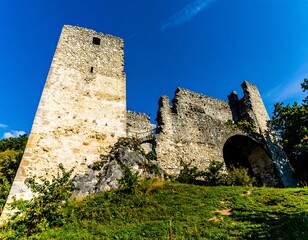 Ruined medieval castle on a hilltop