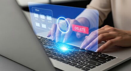 Biometric Email Security: Hands on Laptop with Holographic Fingerprint Scan for Authenticating Inbox Access and Data Protection