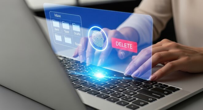 Biometric Email Security: Hands on Laptop with Holographic Fingerprint Scan for Authenticating Inbox Access and Data Protection