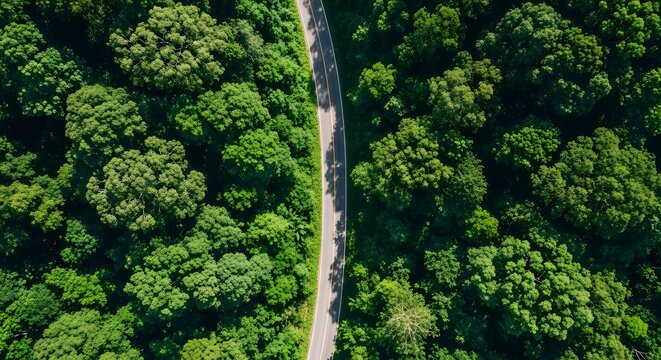 Aerial view of a narrow road winding through a dense green forest canopy