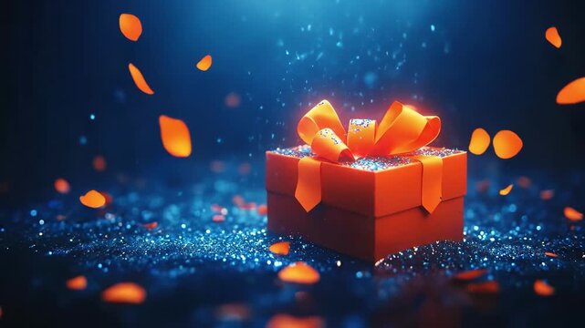 Glowing gift box with red ribbon amidst glittering confetti