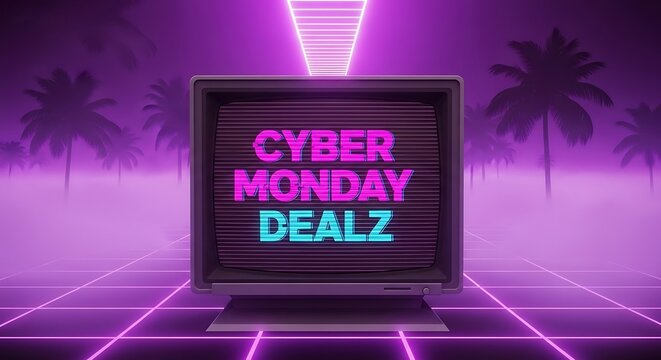 Retro CRT Monitor Displaying Cyber Monday Deals in Synthwave Setting