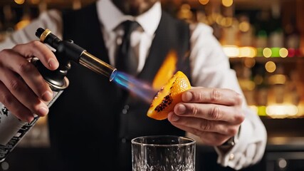 Crafting Cocktails with a Flair: A skilled bartender meticulously prepares a cocktail, utilizing a professional culinary torch to delicately caramelize a vibrant orange peel.