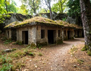 Ruined stone shelters in a forest