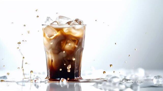A closeup shot of a glass of iced coffee with ice cubes. The glass is filled to the brim with a goldenbrown liquid, which appears to be cola or iced tea.
