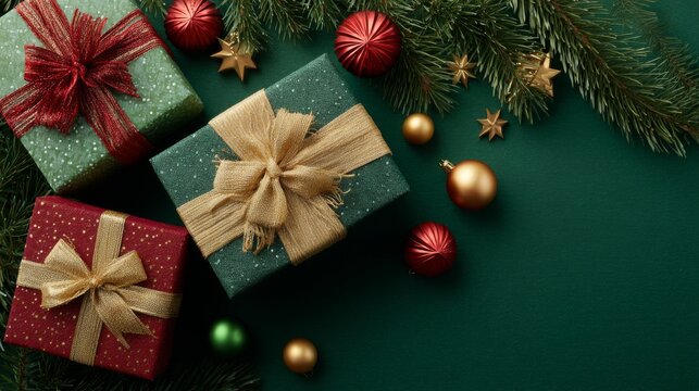 Top view of beautifully wrapped christmas gift boxes with red and gold ribbons, green baubles, shiny ornaments, golden star decorations, and pine branches arranged on a festive green background creati