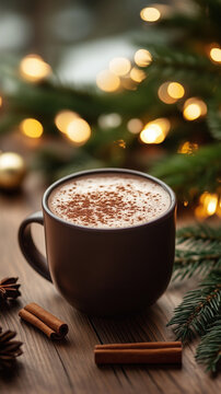 A mug of hot chocolate or cocoa with cinnamon on the table on a clear winter morning, the Christmas spirit