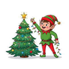 Joyful elf decorating Christmas tree with bright festive lights