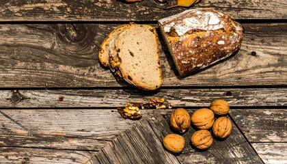 Rustic bread and walnuts on weathered wood