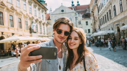 Obraz premium Young couple taking selfie in european city street while traveling on vacation