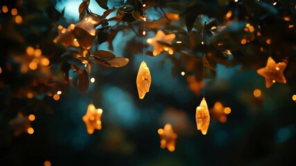 Glowing star-shaped lanterns hanging on tree branches at night - Powered by Adobe