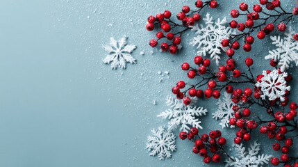 Winter holiday composition with delicate snowflakes and bright red berries on a soft blue background, festive christmas decoration, seasonal winter scene for greeting cards and holiday designs