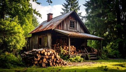 Rustic cabin in a sun-drenched forest