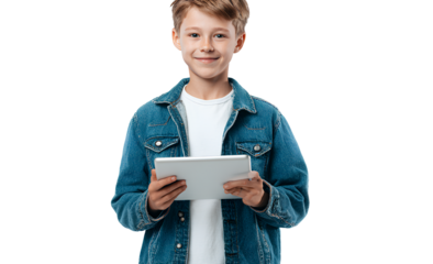 Boy holding a tablet smiling and learning with technology