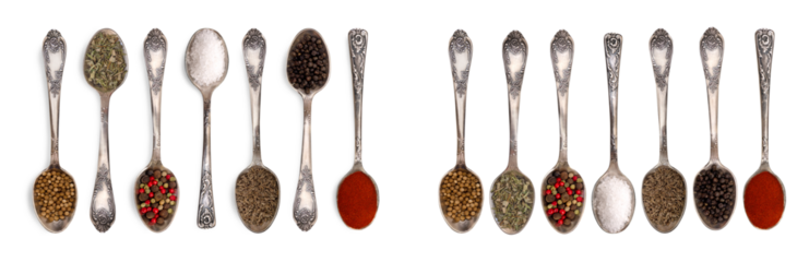Set of antique metal spoons with spices and herbs: coriander, peppercorns, salt, and paprika powder. Isolated on a transparent background. Cut out. With and without shadow. Cooking, diet. Close up.PNG